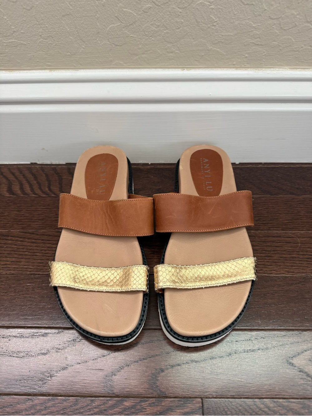 Anyi Lu Tan Leather and Gold Textured Slide Sandals